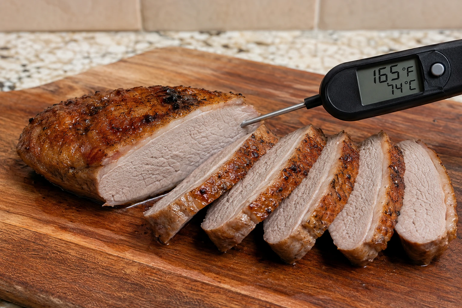 Magret de canard cuit à cœur avec sonde thermique, viande grise sans rosé