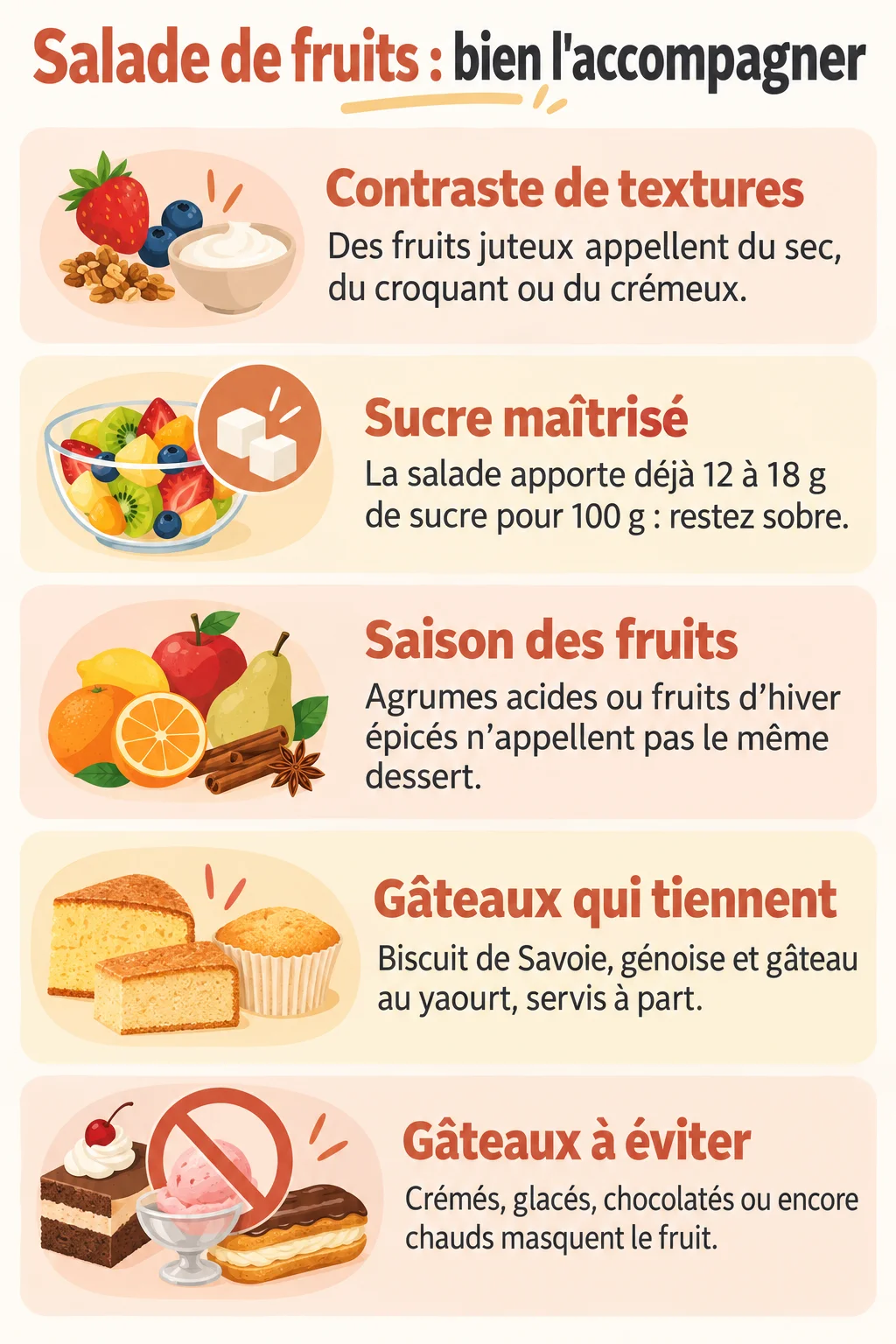 Salade de fruits : bien l'accompagner : Contraste de textures, Sucre maîtrisé, Saison des fruits, Gâteaux qui tiennent, Gâteaux à éviter