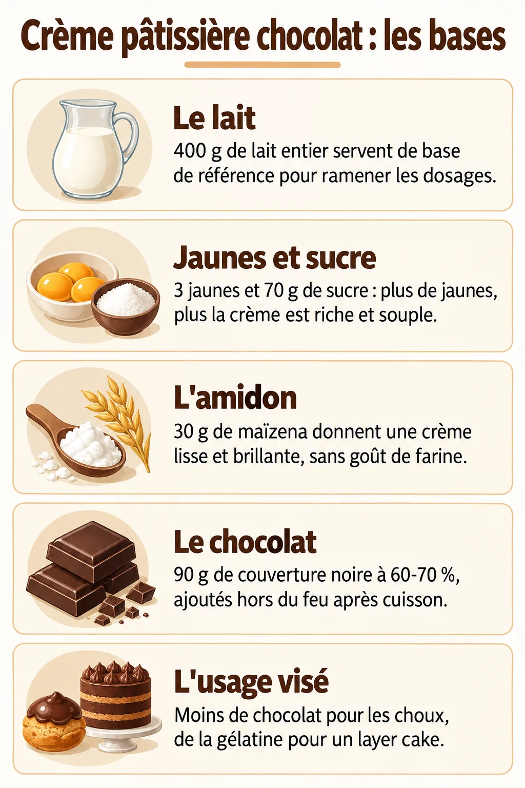 Crème pâtissière chocolat : les bases : Le lait, Jaunes et sucre, L'amidon, Le chocolat, L'usage visé