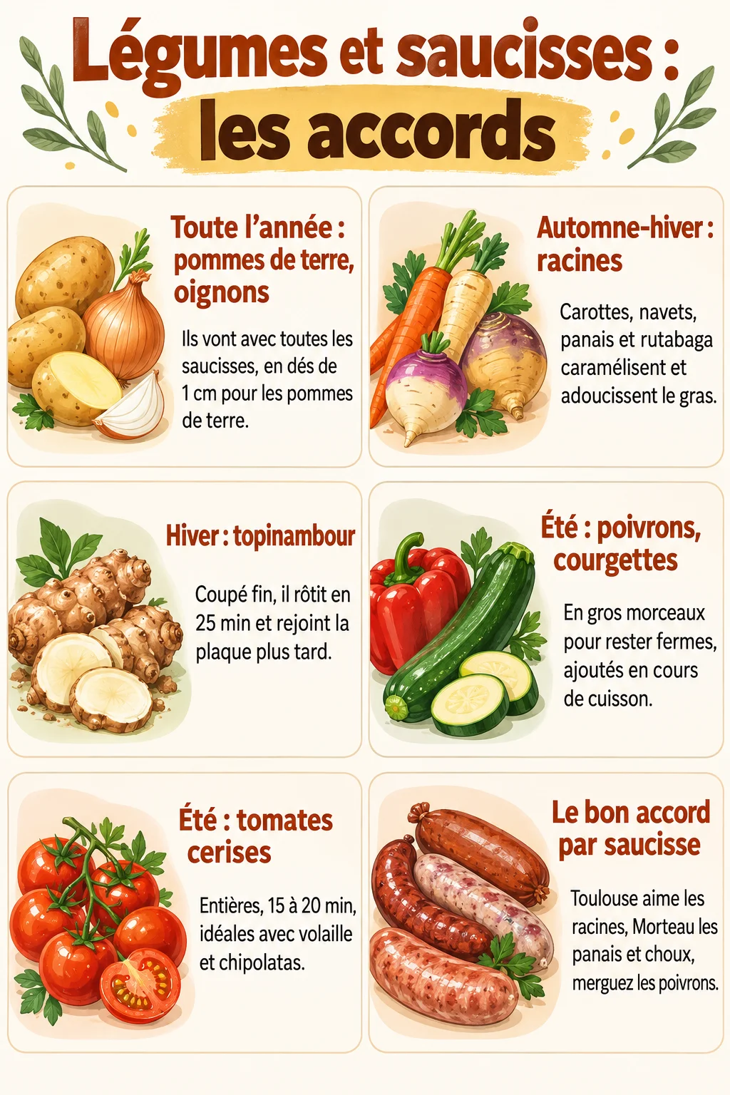 Légumes et saucisses : les accords : Toute l'année : pommes de terre, oignons, Automne-hiver : racines, Hiver : topinambour, Été : poivrons, courgettes, Été : tomates cerises, Le bon accord par saucisse