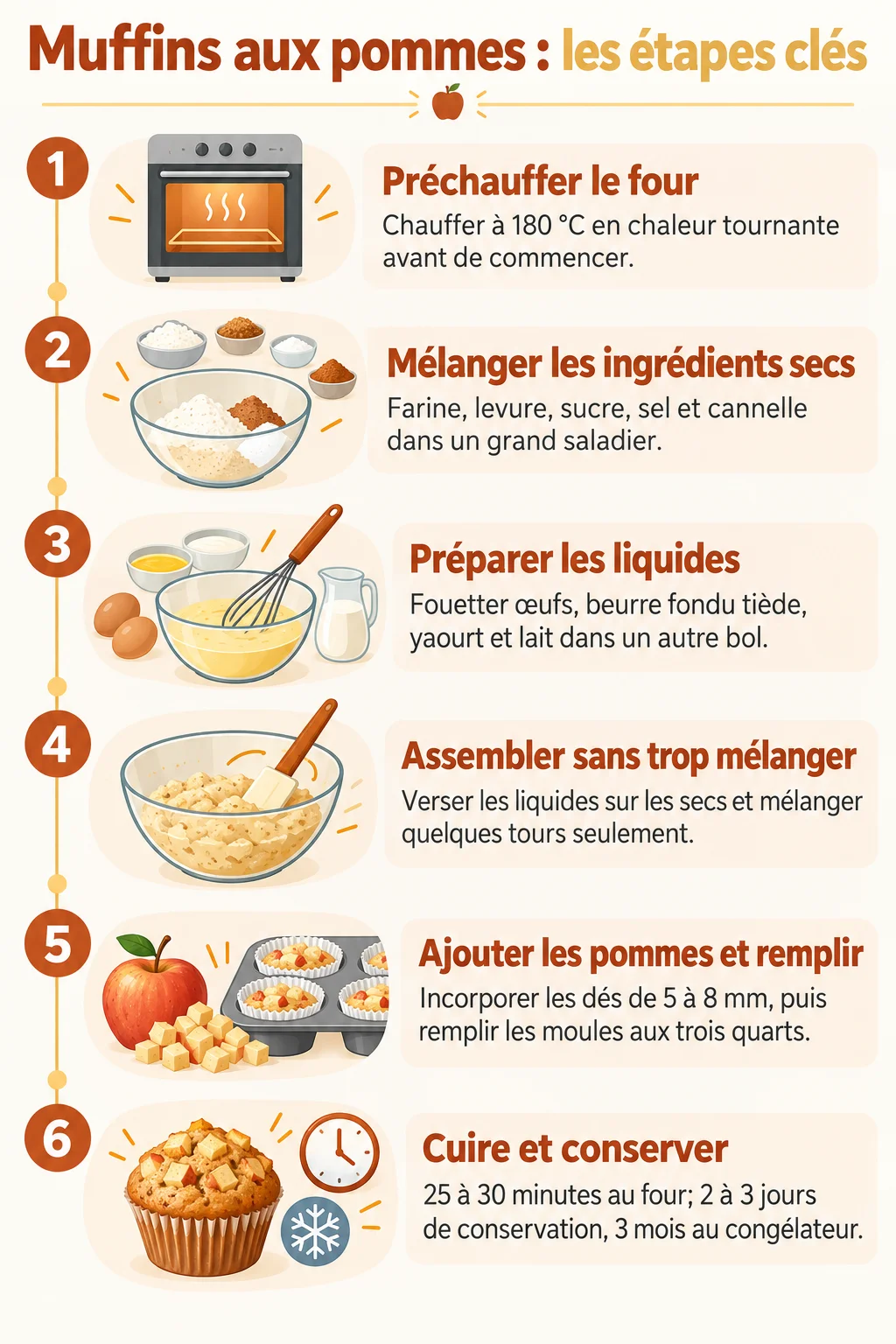 Muffins aux pommes : les étapes clés : 1. Préchauffer le four, 2. Mélanger les ingrédients secs, 3. Préparer les liquides, 4. Assembler sans trop mélanger, 5. Ajouter les pommes et remplir, 6. Cuire et conserver