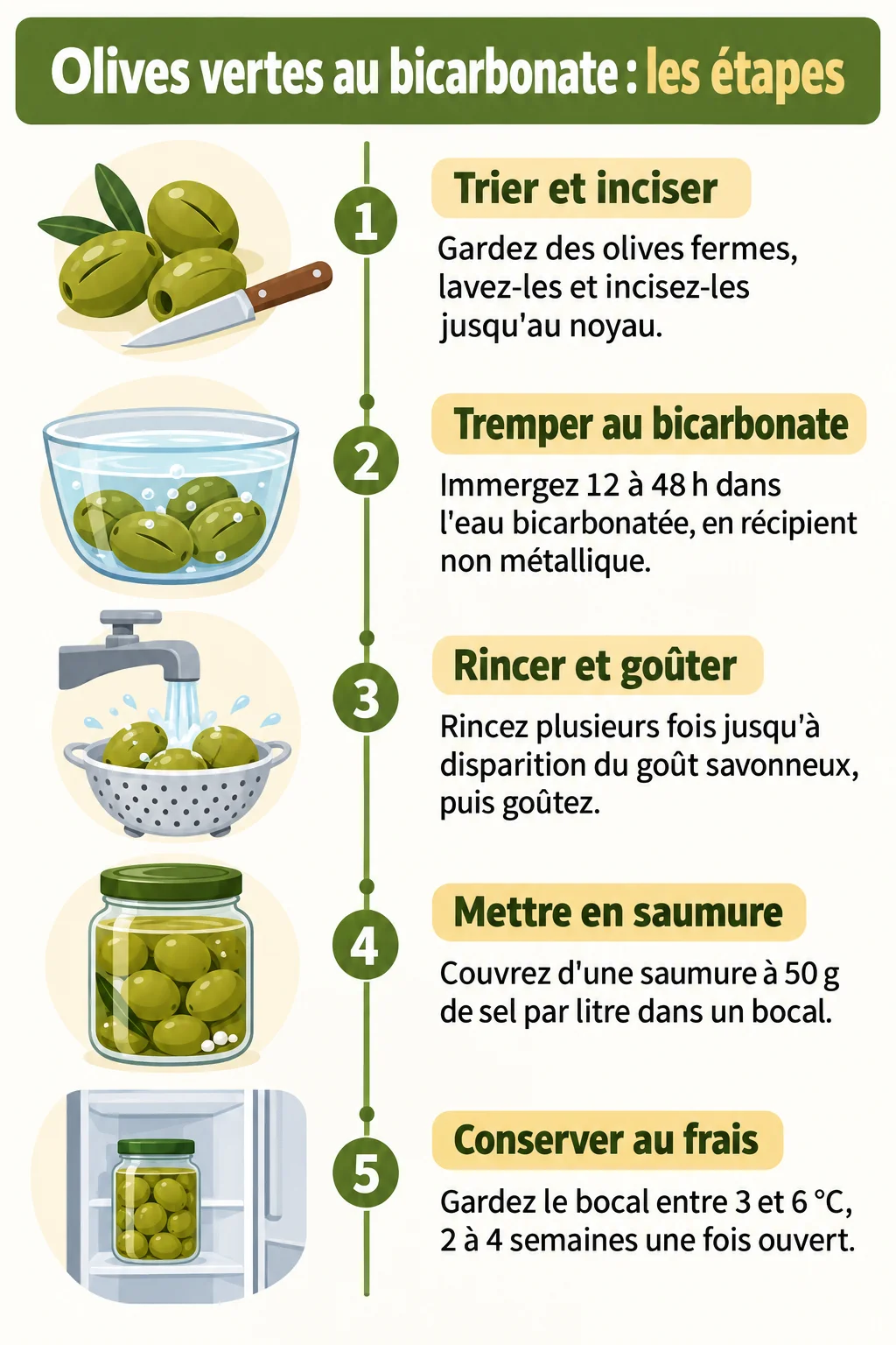 Olives vertes au bicarbonate : les étapes : 1. Trier et inciser, 2. Tremper au bicarbonate, 3. Rincer et goûter, 4. Mettre en saumure, 5. Conserver au frais