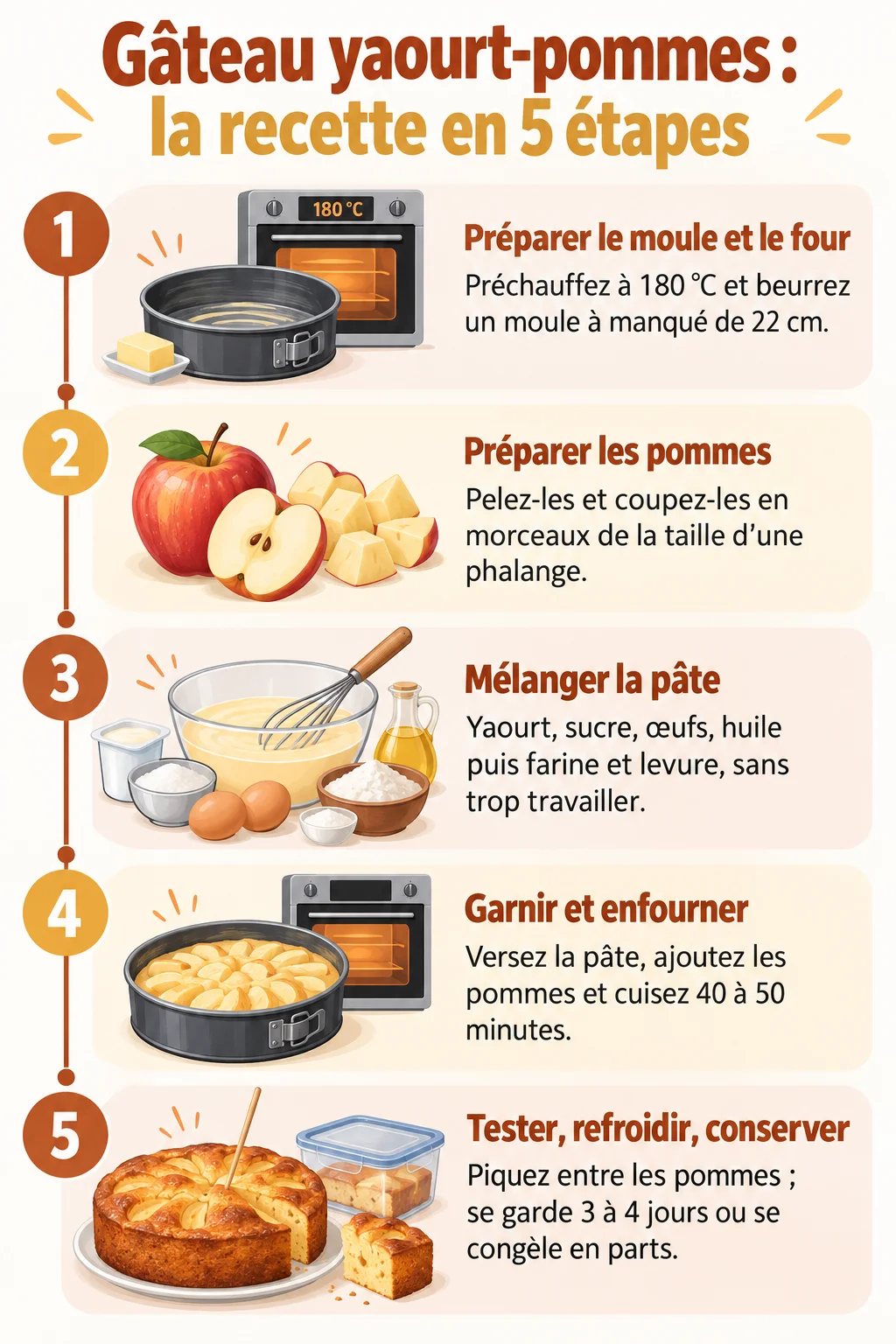Gâteau yaourt-pommes : la recette en 5 étapes : 1. Préparer le moule et le four, 2. Préparer les pommes, 3. Mélanger la pâte, 4. Garnir et enfourner, 5. Tester, refroidir, conserver