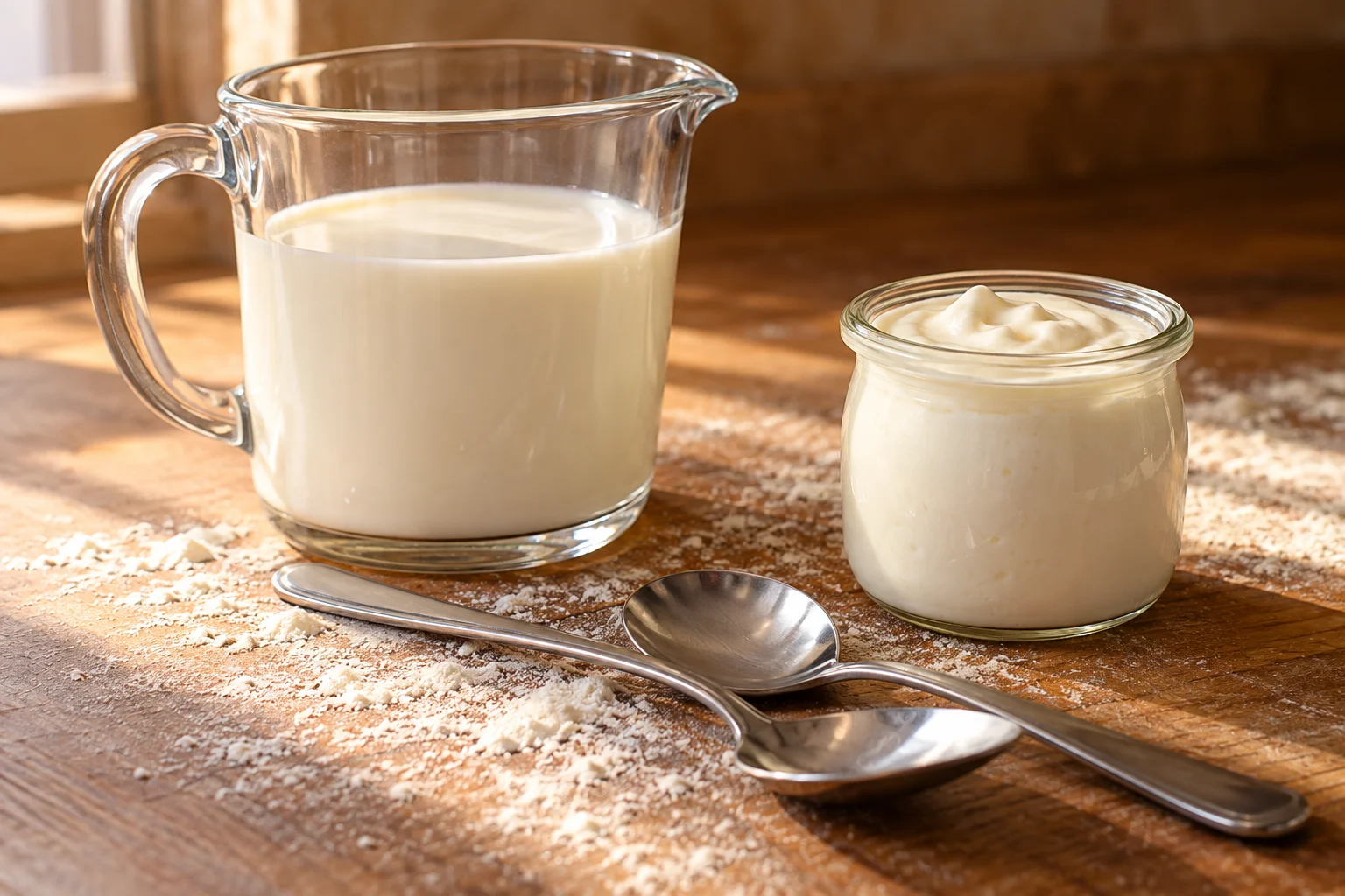 Un verre doseur de lait et des cuillères sur un plan de travail fariné